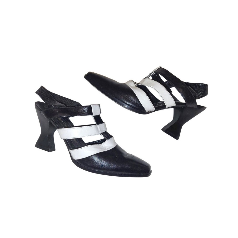 Vintage Karl Lagerfeld Black and White Strappy Slingback Heels - 7.5